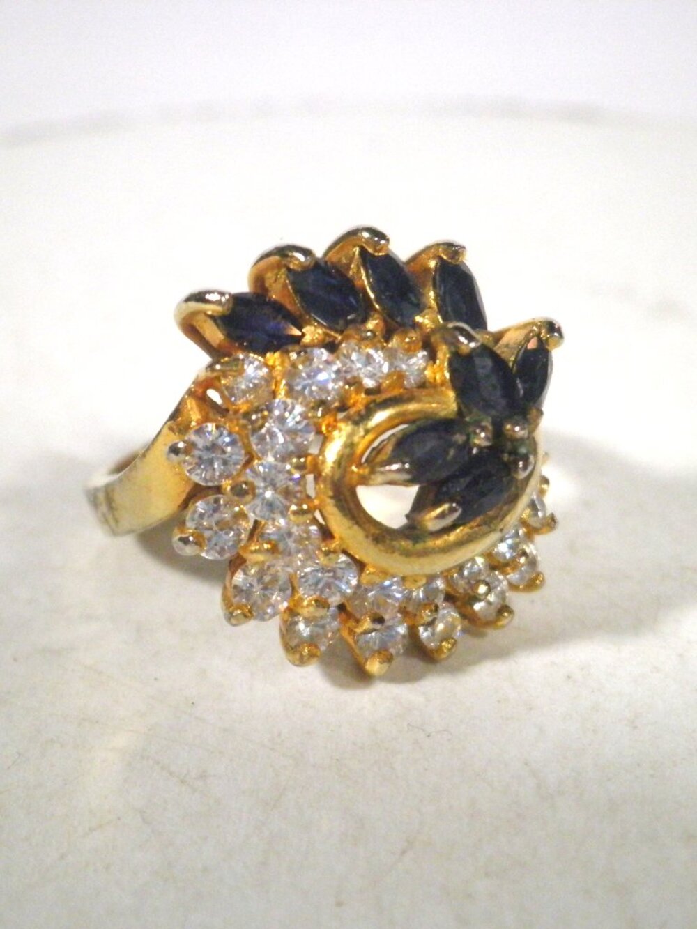 Vintage Gold Plated Clear and Black Rhinestone Statement Woman's Ring - Size 7.5